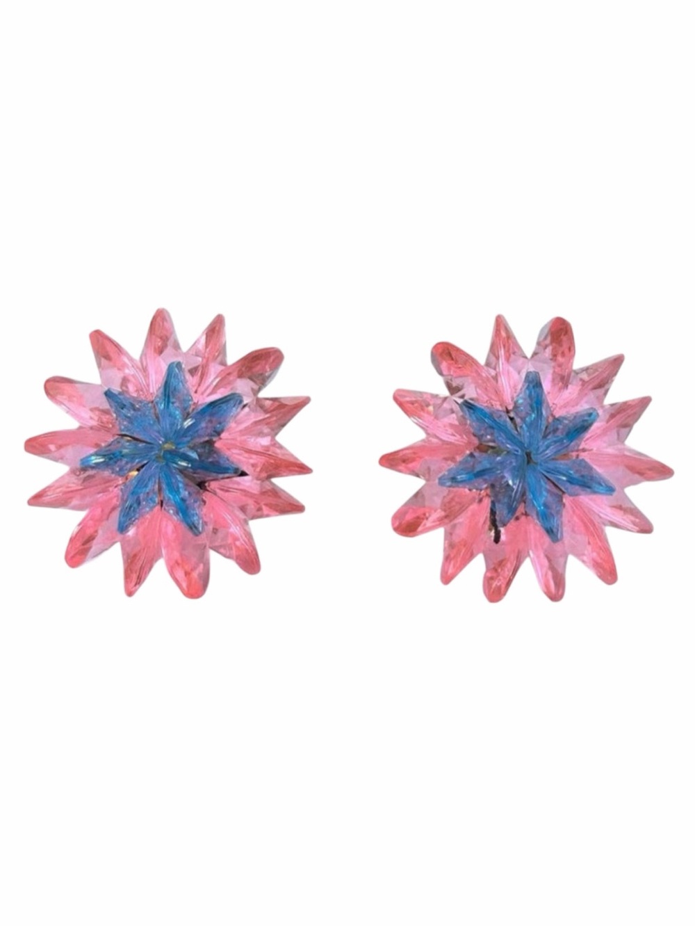 Vintage 1960s Funky Midcentury Acrylic Pink and Blue Flower Cluster Earrings